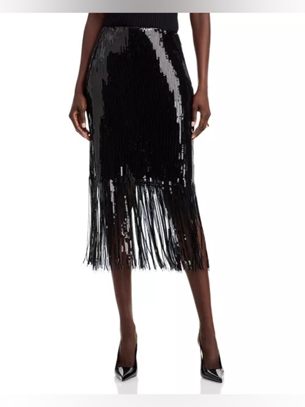 NWT AQUA Sequined Fringe Midi Skirt in Black, Size XS